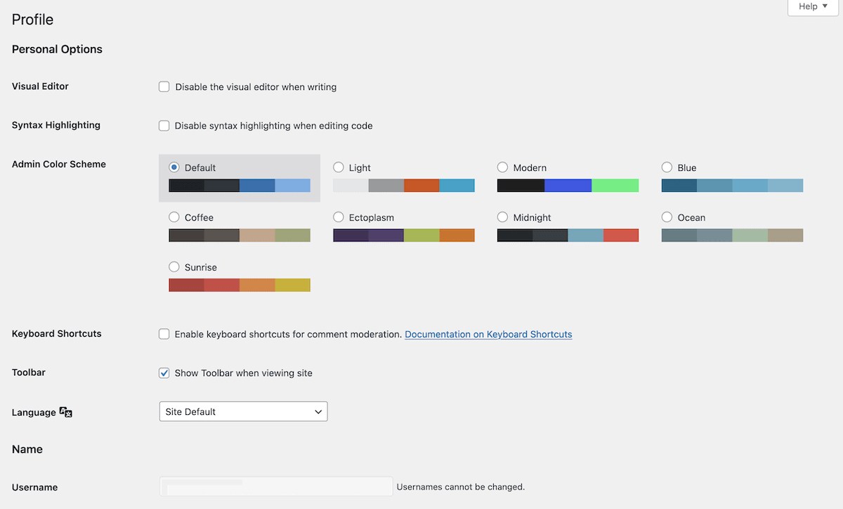 Die Seite „Profileinstellungen” im WordPress-Administrationsbereich. Auf dieser Seite werden Optionen zur Konfiguration des visuellen WordPress-Editors, des Administrationsfarbschemas, der Tastaturkürzel, der Symbolleiste, der bevorzugten Sprache sowie von Namen und Benutzernamen angezeigt.