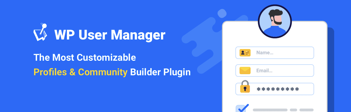 Das Header-Bild des WP User Manager-Plugins von WordPress.org. Es zeigt ein Anmelde- und Registrierungsformular auf blauem Hintergrund mit Feldern für E-Mail-Adresse, Passwort und einer Checkbox zum Akzeptieren der Datenschutzrichtlinie.