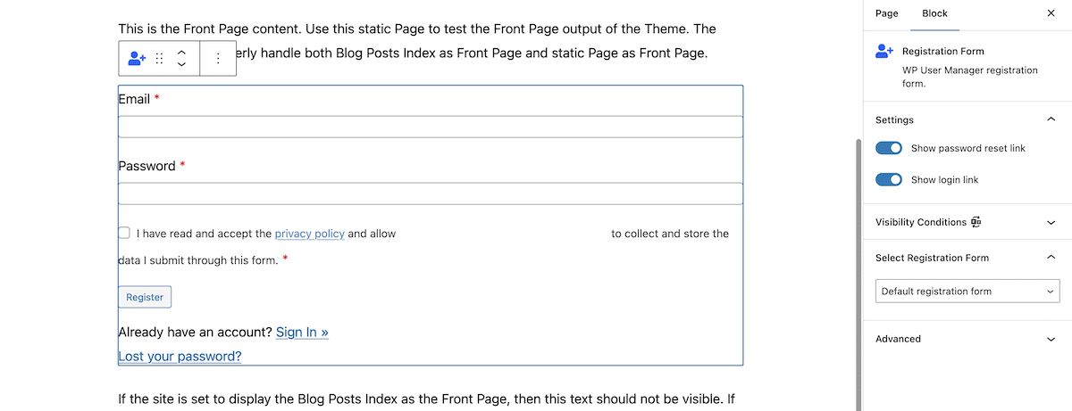 Der WordPress-Block-Editor zeigt einen „WP User Manager-Registrierungsformular”-Block. Die Einstellungen umfassen Optionen zum Anzeigen von Links zum Zurücksetzen des Passworts und zum Anmelden, zum Konfigurieren von Sichtbarkeitsbedingungen und zum Auswählen des anzuzeigenden Registrierungsformulars.