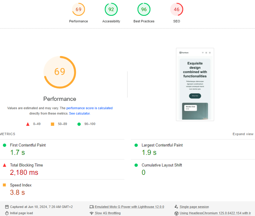 Google PageSpeed Insights prima di WP Rocket