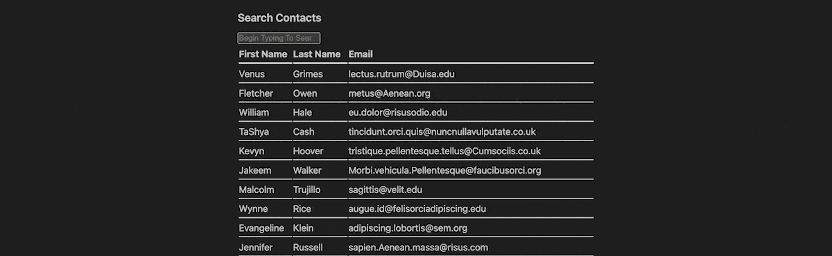 Una GIF di una finestra di dialogo di ricerca dinamica che utilizza HTMX con uno sfondo scuro. Viene visualizzata una tabella di contatti che mostra nomi, cognomi e indirizzi e-mail di più persone. La tabella include 10 righe di informazioni di contatto di esempio.
