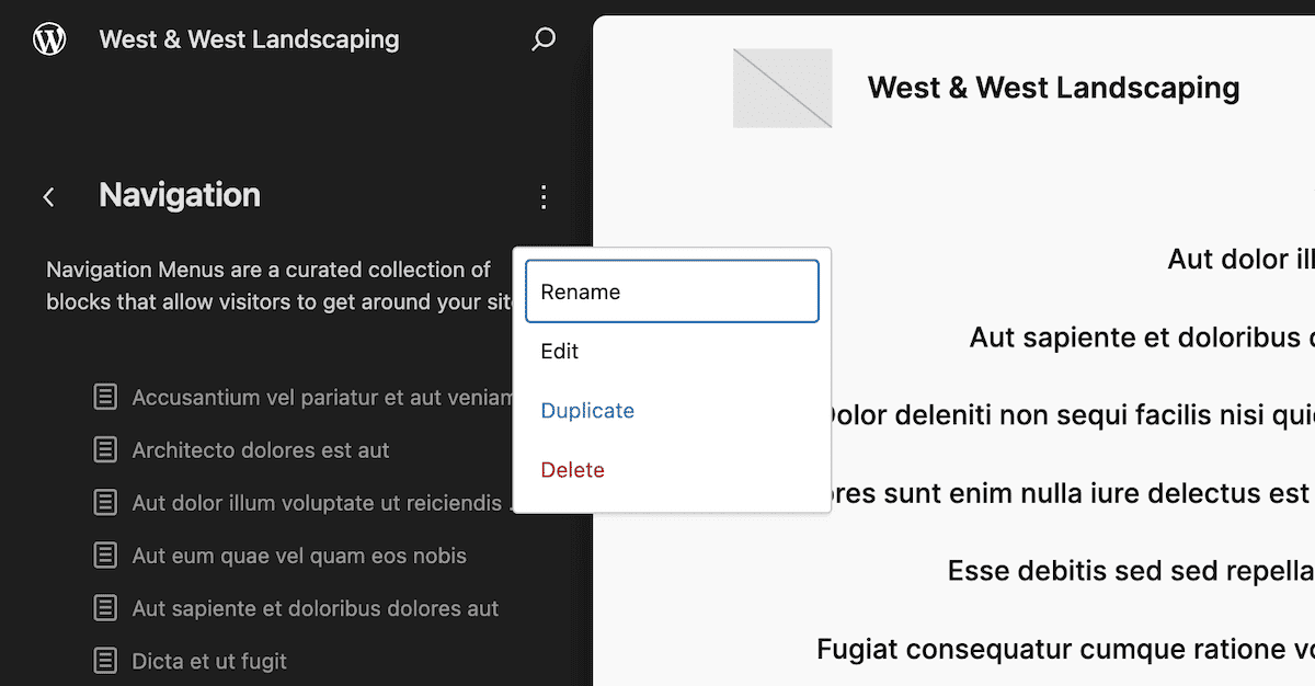 A portion of the Navigation page within the WordPress Site Editor. The site’s title is visible at the top. The left-hand sidebar shows navigation menu items, and a drop-down menu in the center offers options to rename, edit, duplicate, or delete a selected menu item.