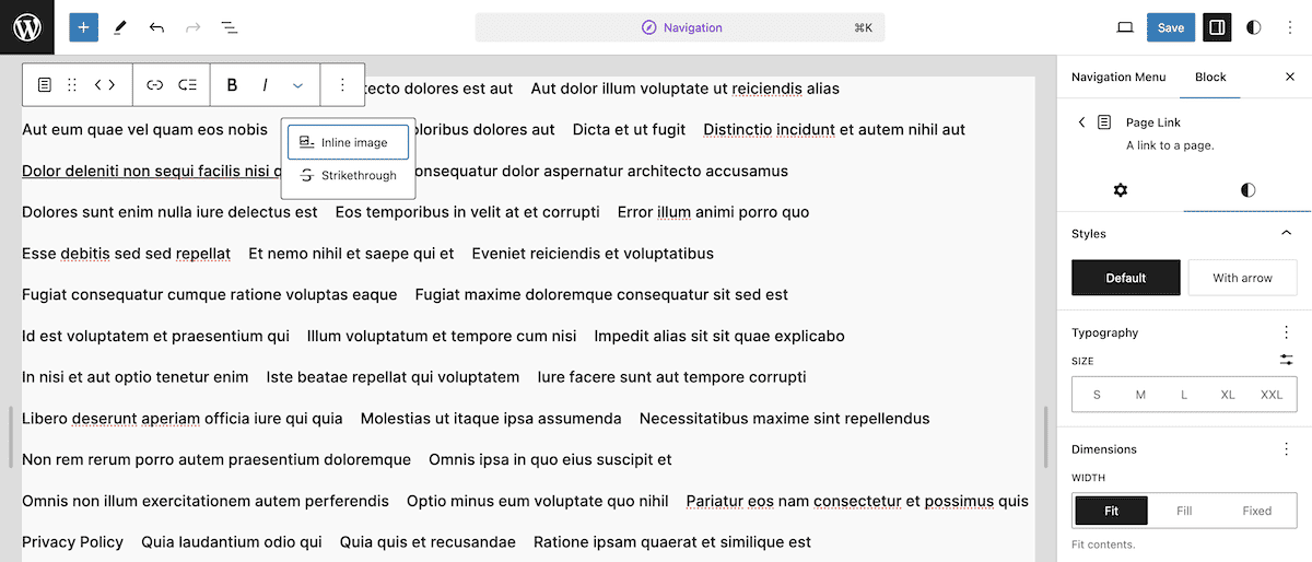 The Site Editor displaying the contents of a Navigation Menu Block. An inline menu displays a list of options to add new links, customize typography, adjust styles for the navigation elements, and more.