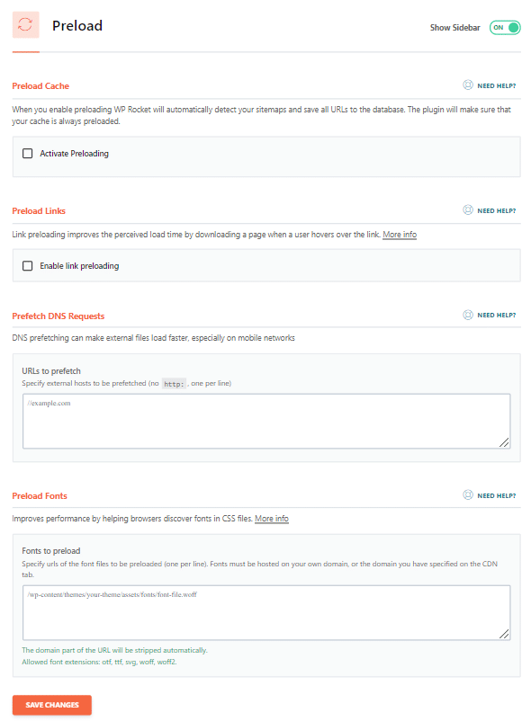 Impostazioni di preloading in WP Rocket
