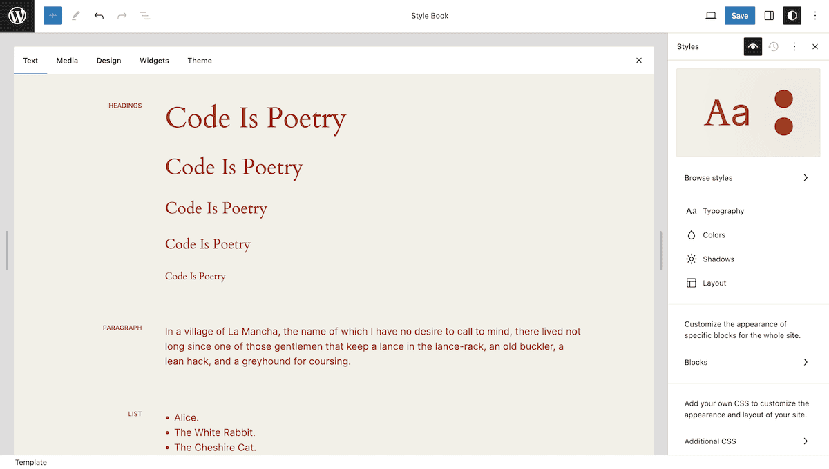 The WordPress Style Book interface, showing typography options for a website. The text