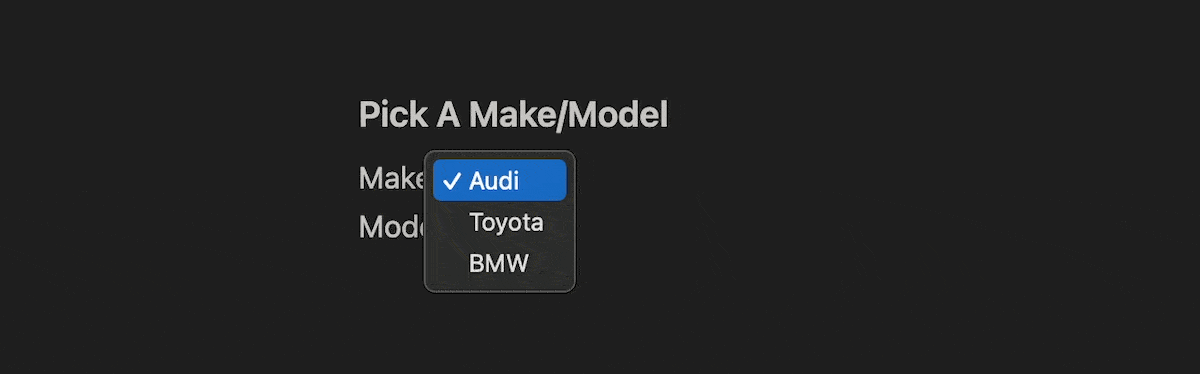 GIF di un'interfaccia utente che mostra un menu a discesa per la selezione di una marca e di un modello di auto. Il titolo dice