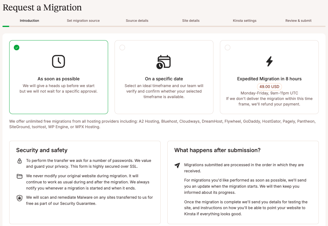 Een screenshot van het migratieverzoek-venster in MyKinsta.