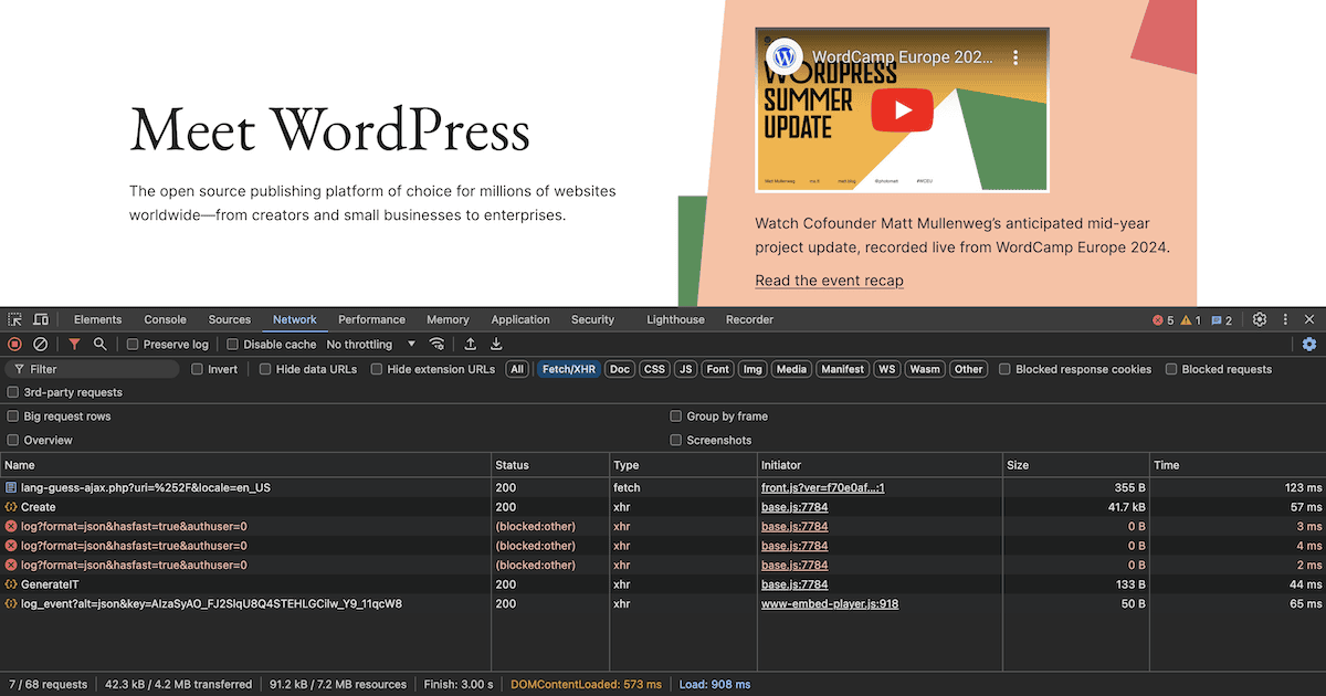 The Brave browser’s DevTools interface, showing the WordPress website at the top. This includes text describing it as