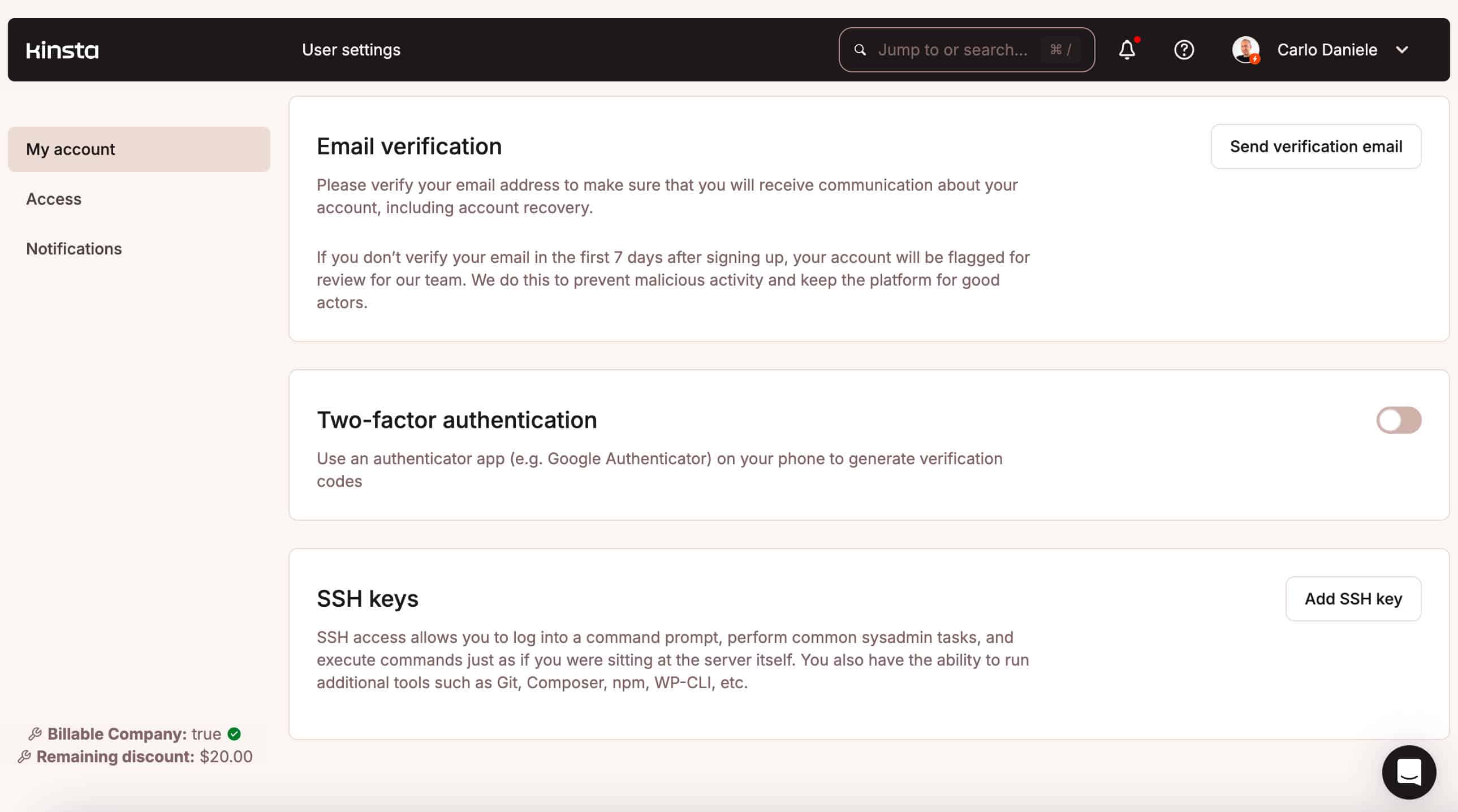 Autenticazione a due fattori in MyKinsta