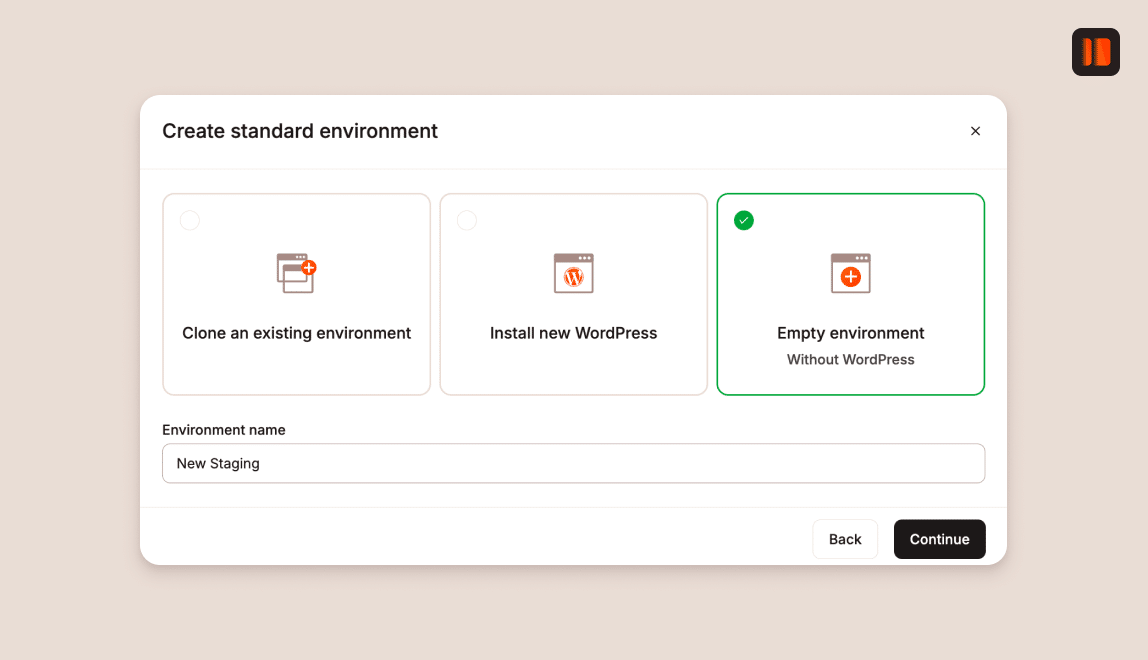 Choisir un environnement de staging dans MyKinsta.