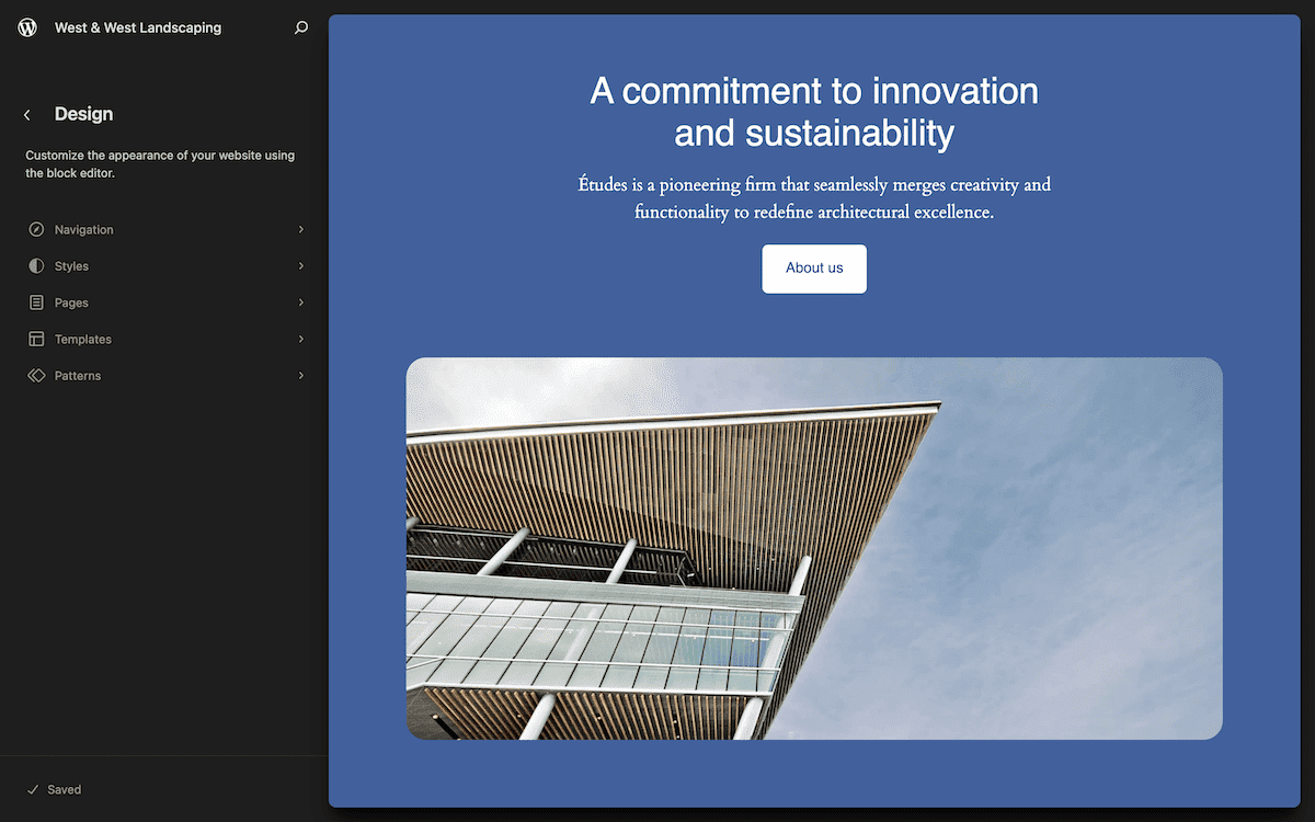 The WordPress Site Editor main screen, showing a blue home page with the title, 