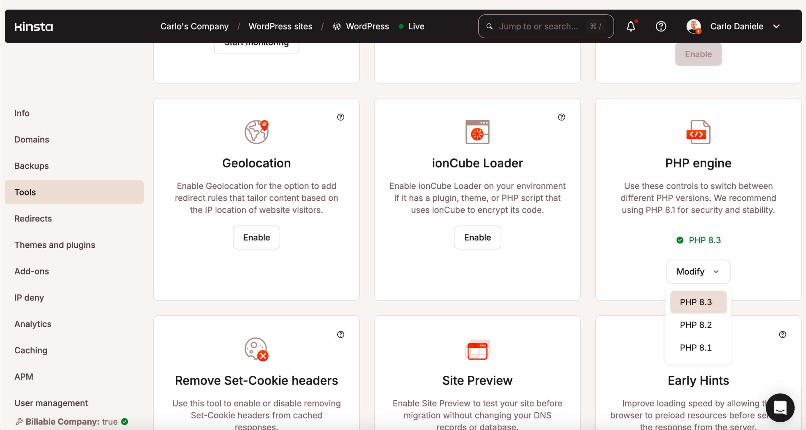 Cambiare il motore PHP in MyKinsta