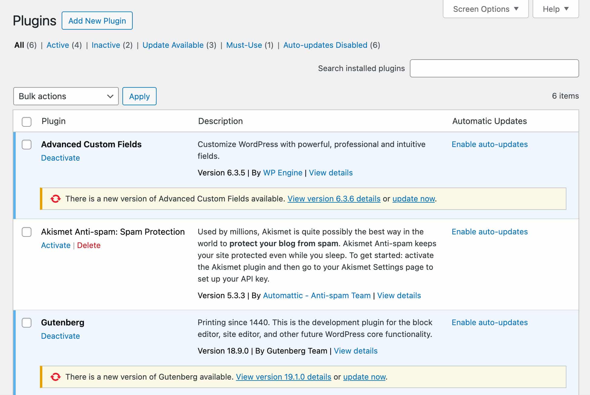 Abilitare/disabilitare gli aggiornamenti automatici dei plugin