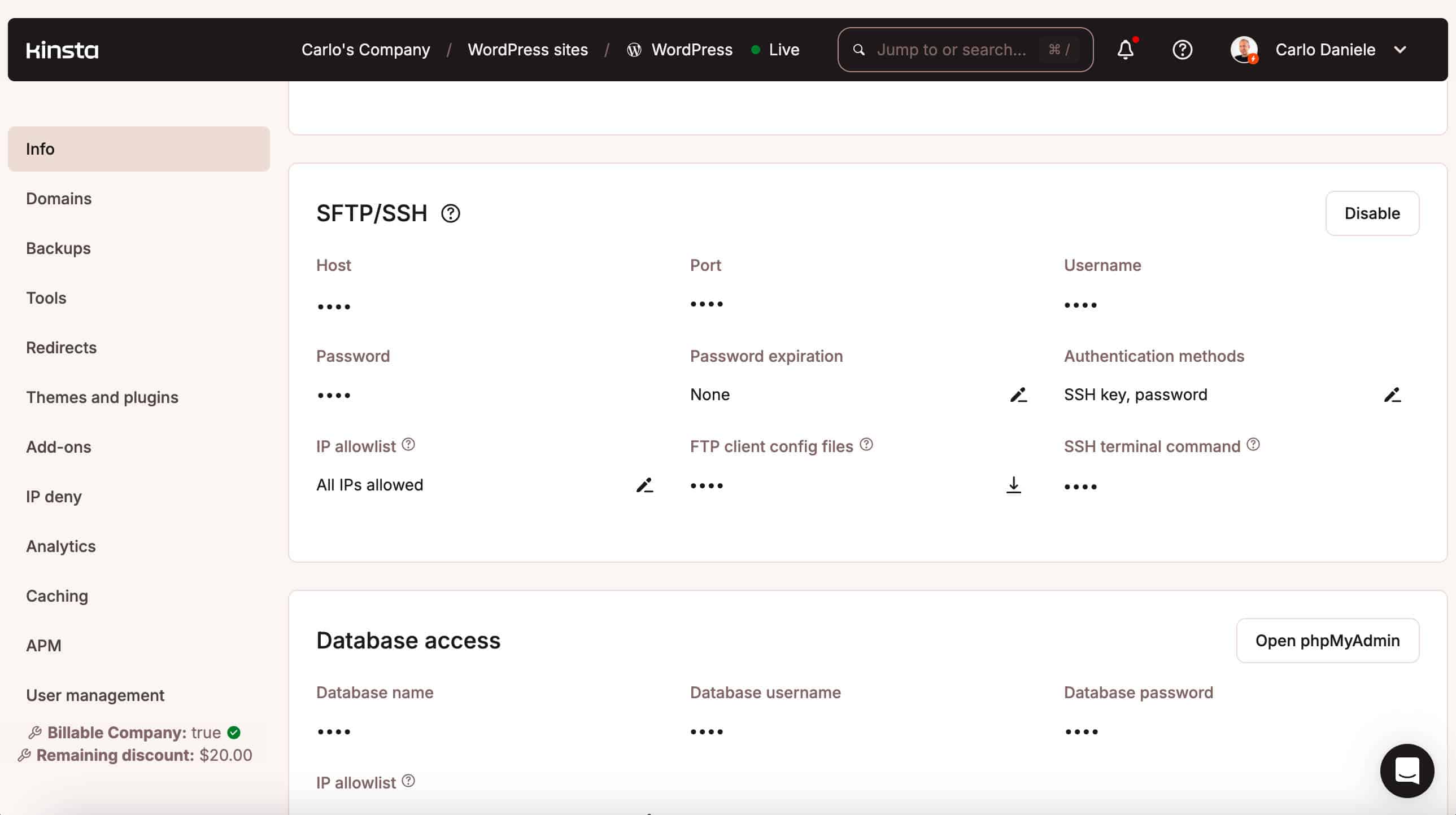Credenziali dell'ambiente SFTP in MyKinsta