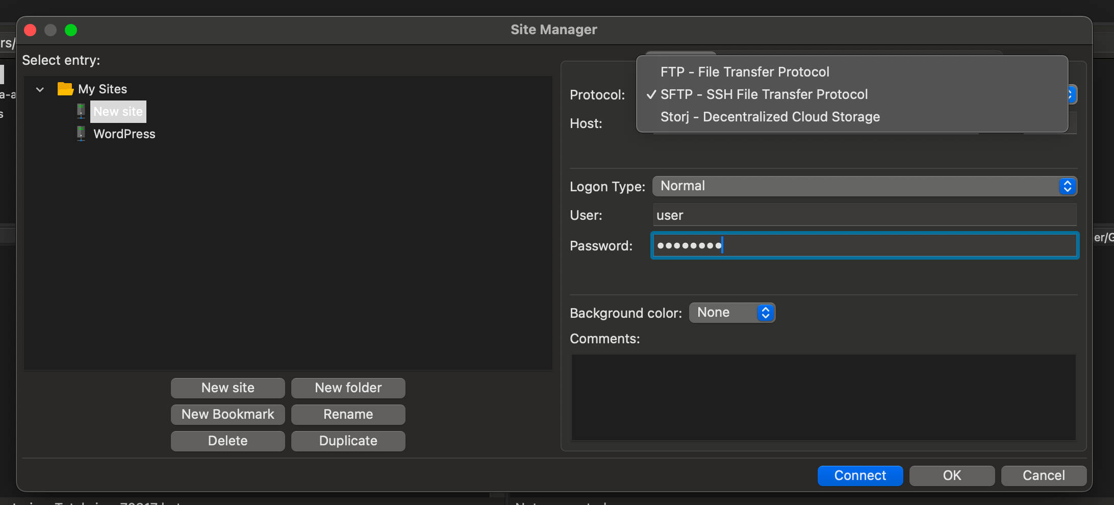 Impostazione del protocollo SFTP in Filezilla