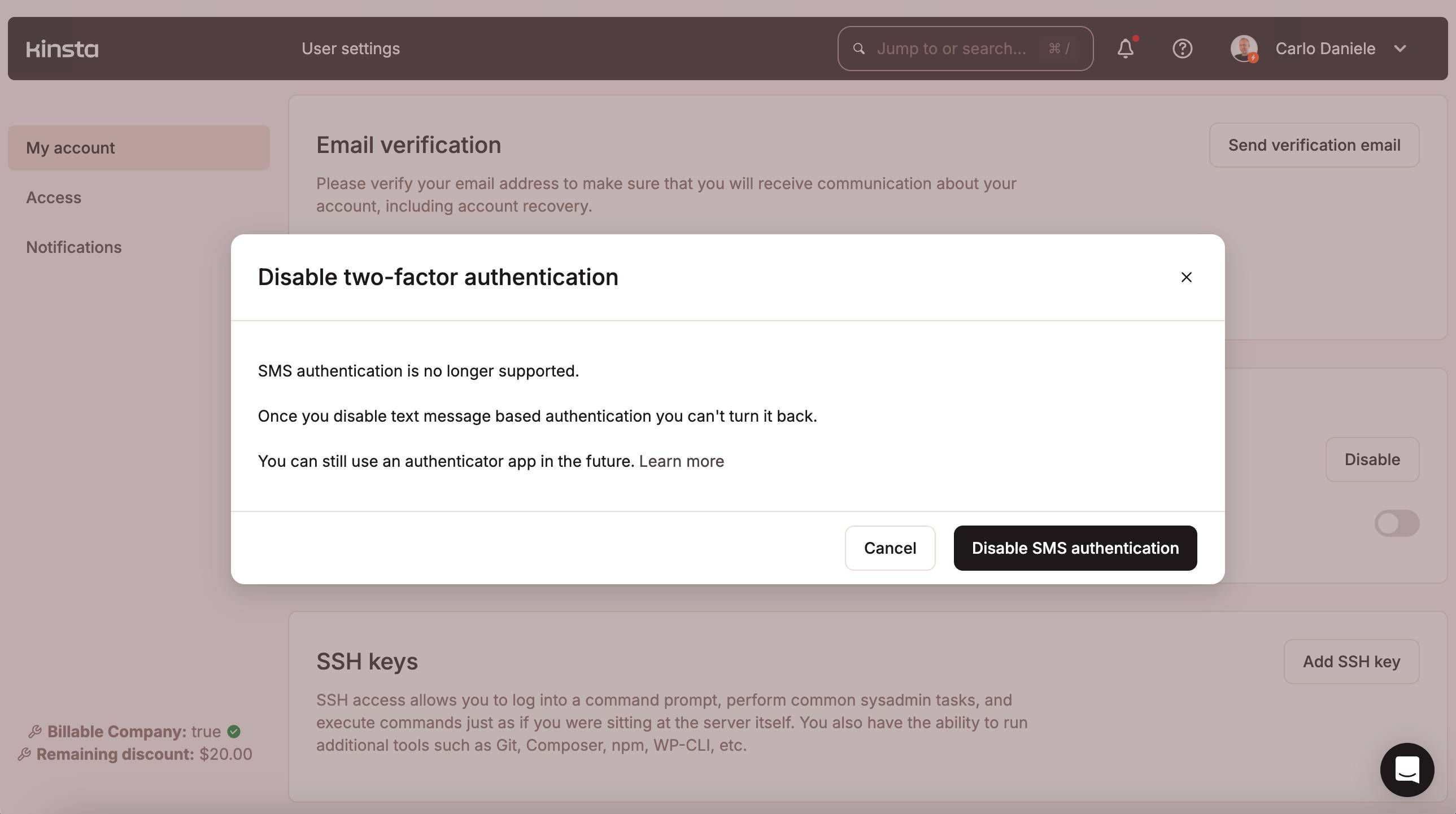 Kinsta non supporta più l'autenticazione via SMS