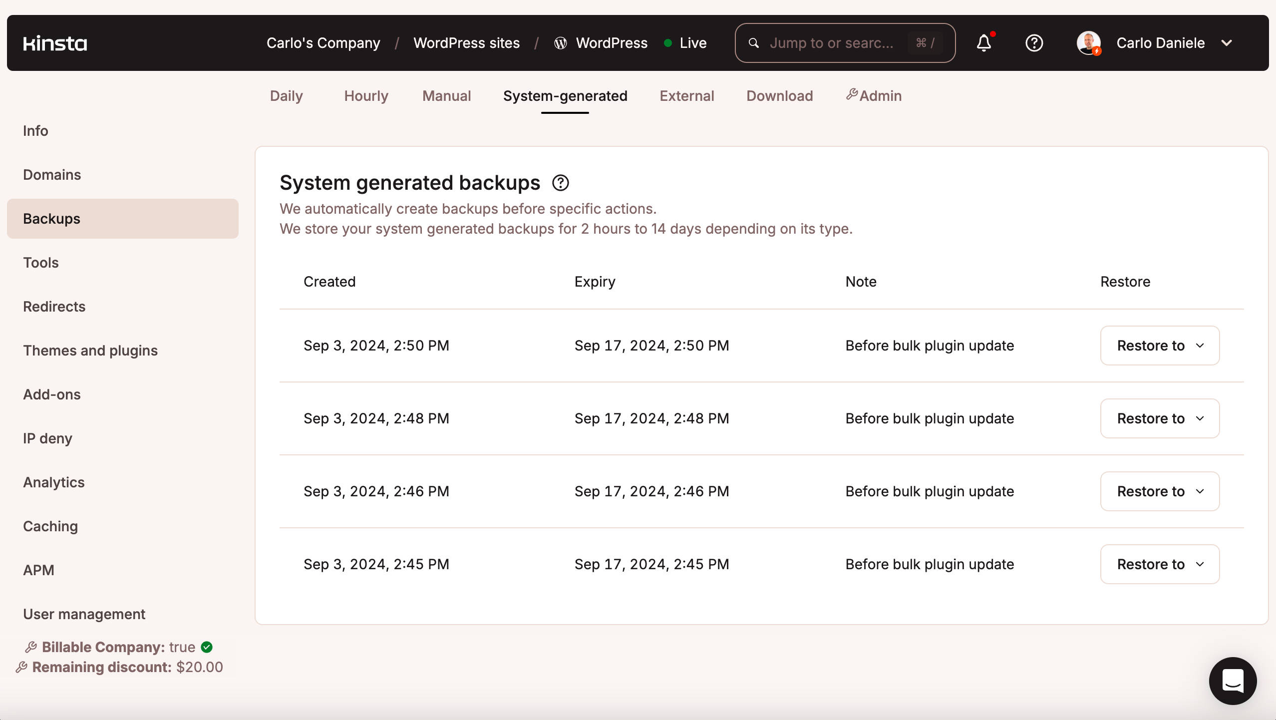 Backup generati dal sistema nella dashboard di MyKinsta