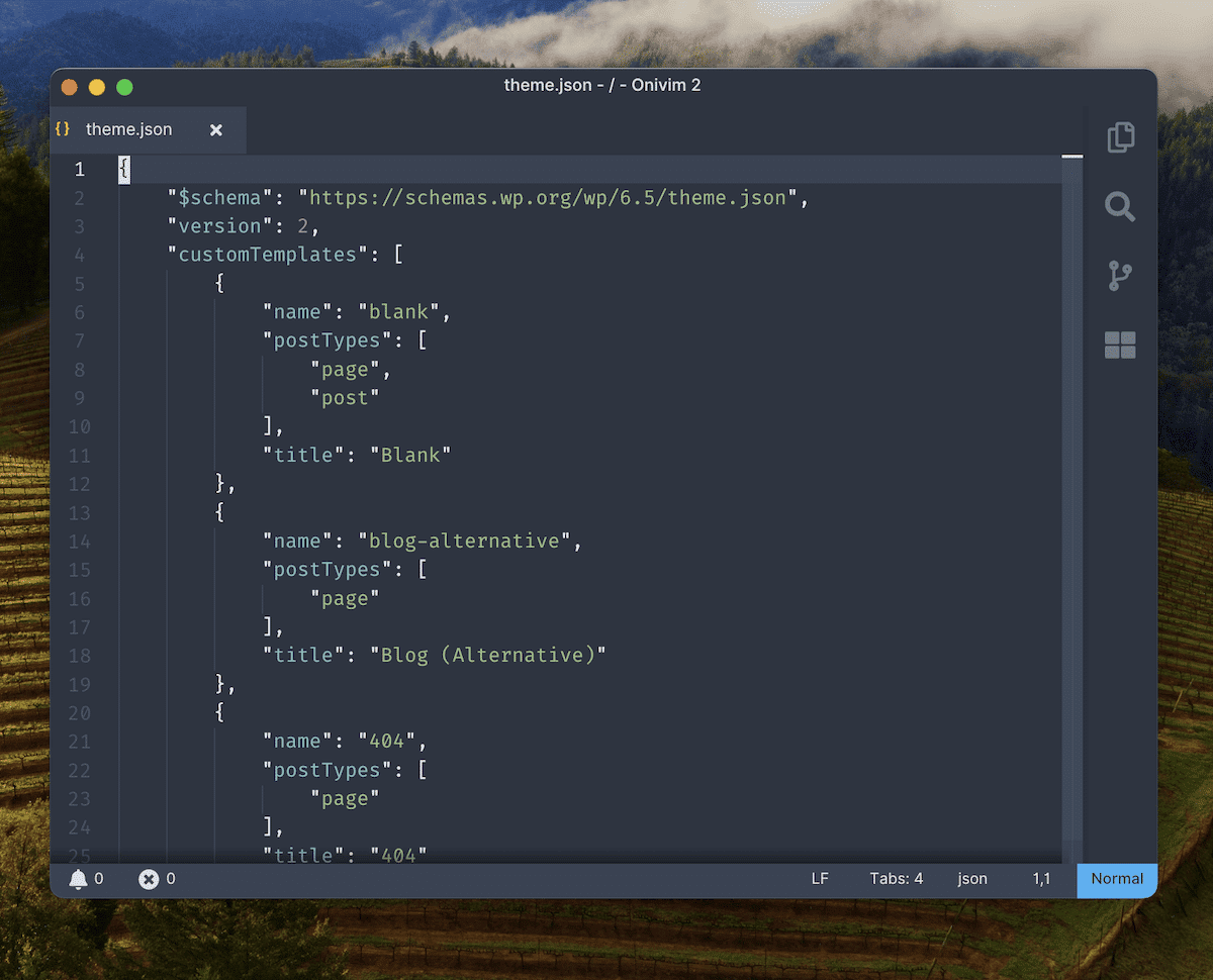 A code editor window displaying a portion of a theme.json file for a WordPress theme. The JSON structure defines custom templates for 
