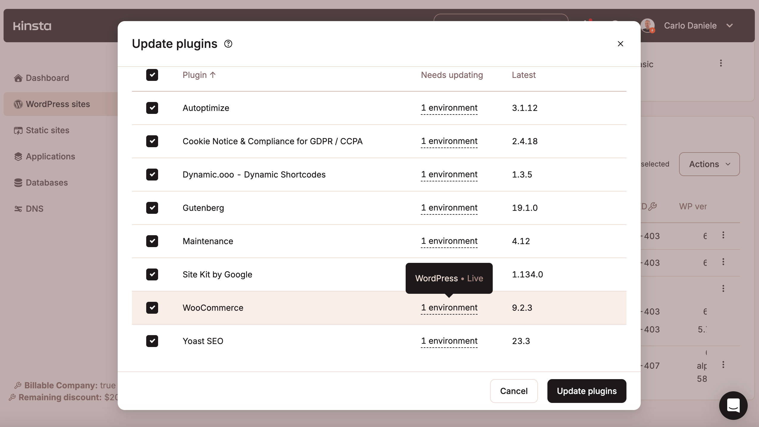 Aggiornare i plugin in blocco in MyKinsta
