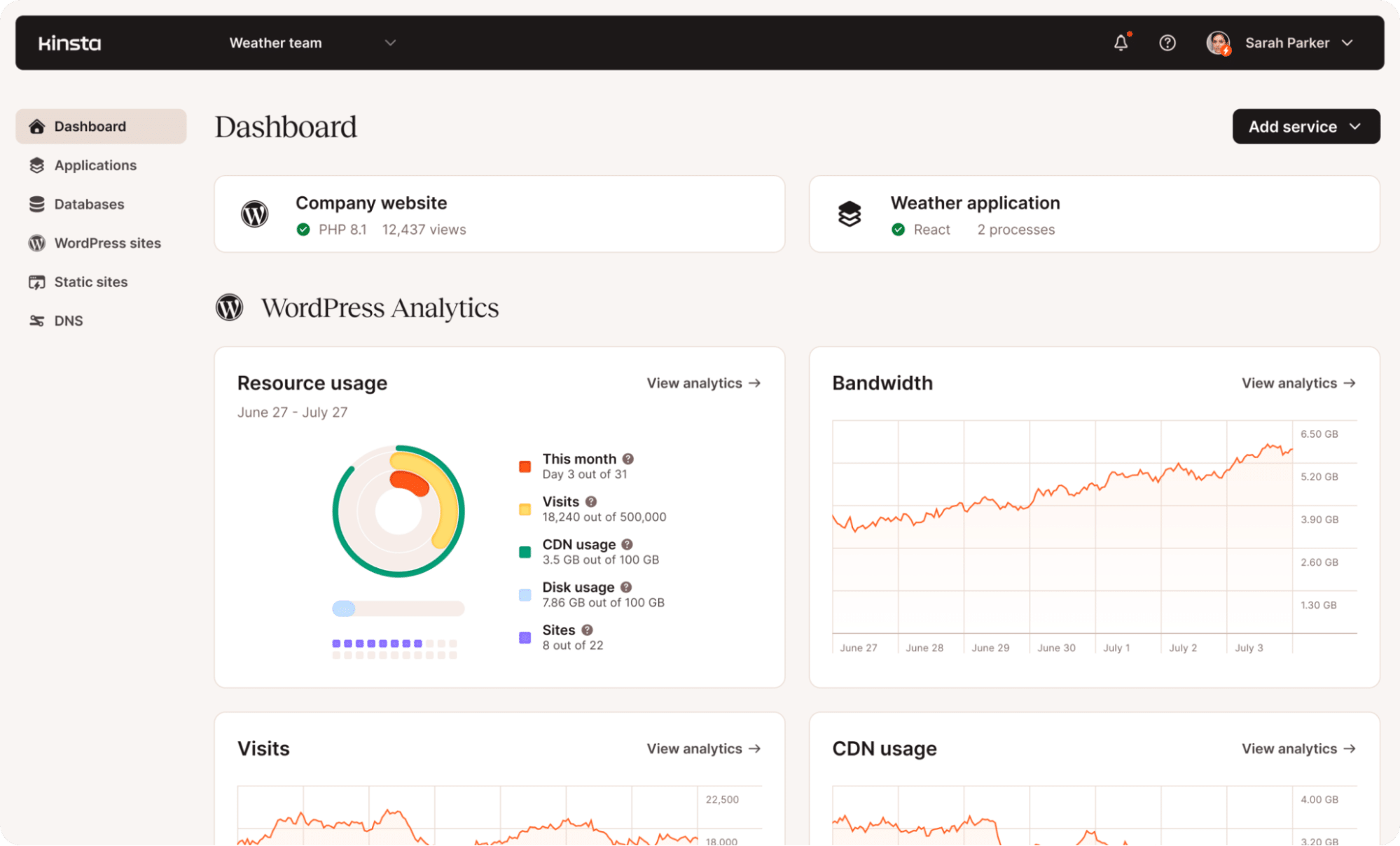 Le tableau de bord MyKinsta pour les utilisateurs.
