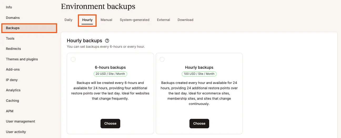 Configurando backups a cada hora através do MyKinsta
