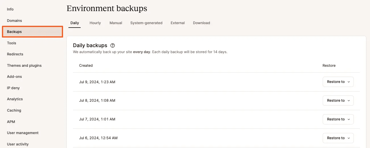 Recurso de backups automatizados do MyKinsta