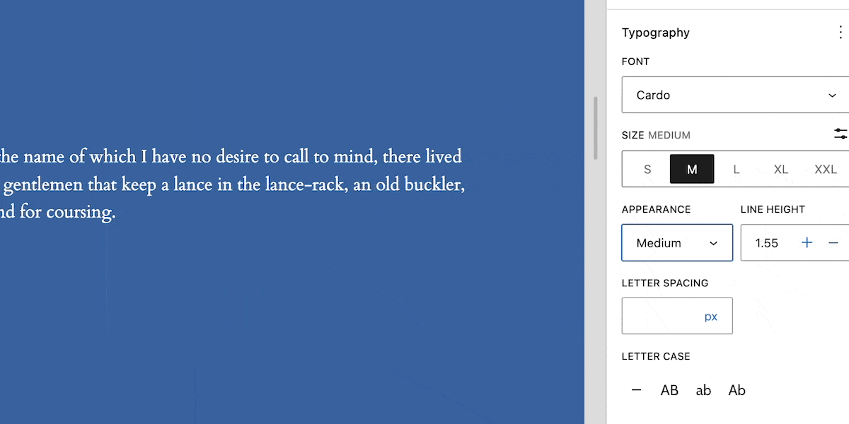 Een GIF van de WordPress Site Editor met een blauwe achtergrond en een citaat van Don Quichot aan de linkerkant. De rechter zijbalk toont een gebruiker die door de opties in het Appearance uitklapmenu bladert.