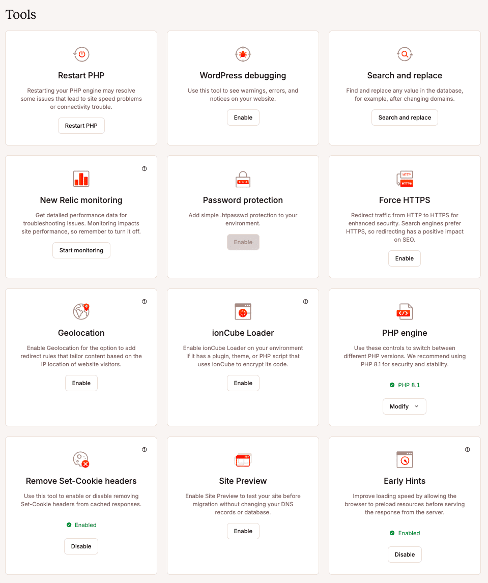 Tools and features available on the MyKinsta dashboard