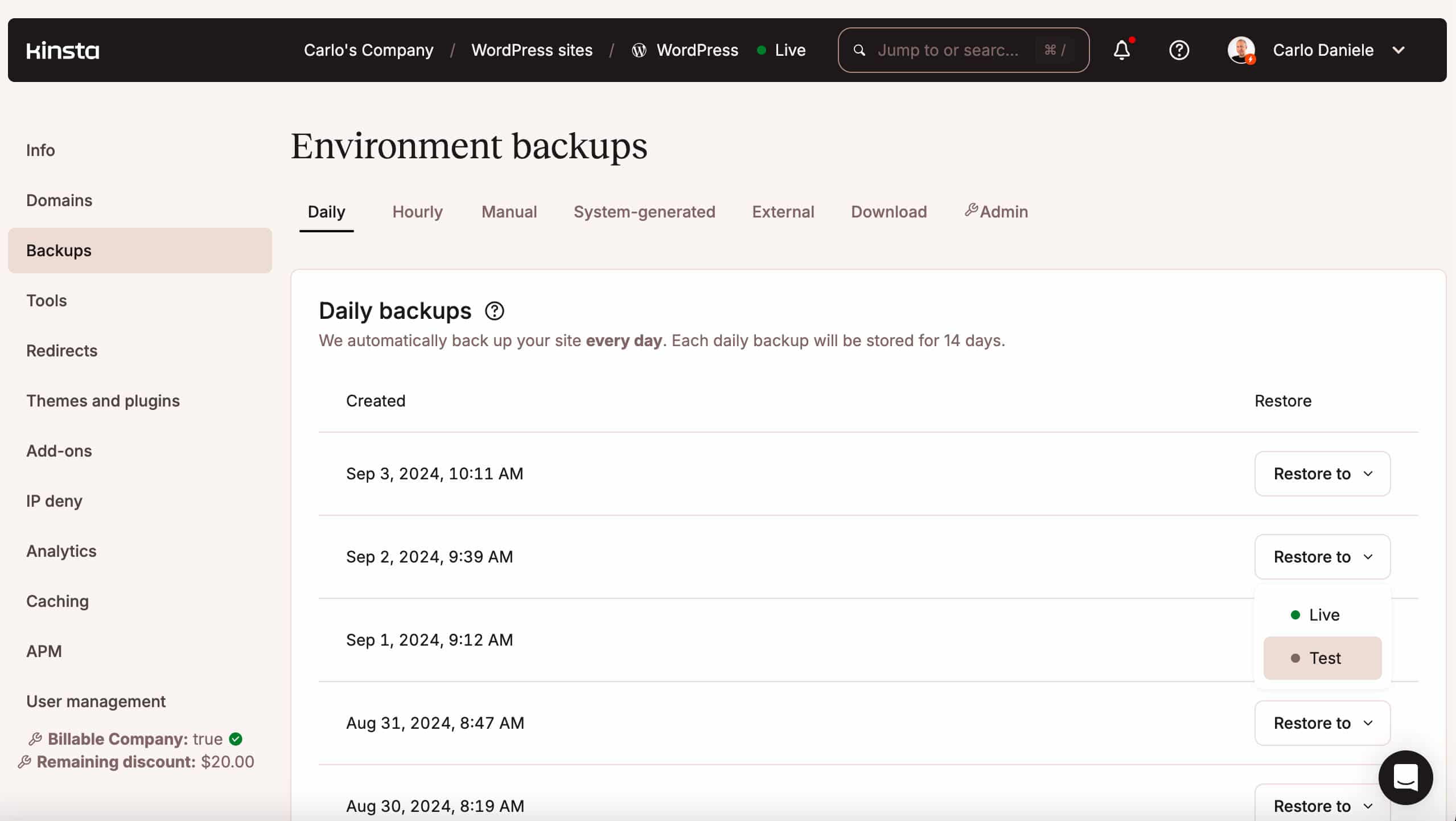 Backup giornalieri in MyKinsta