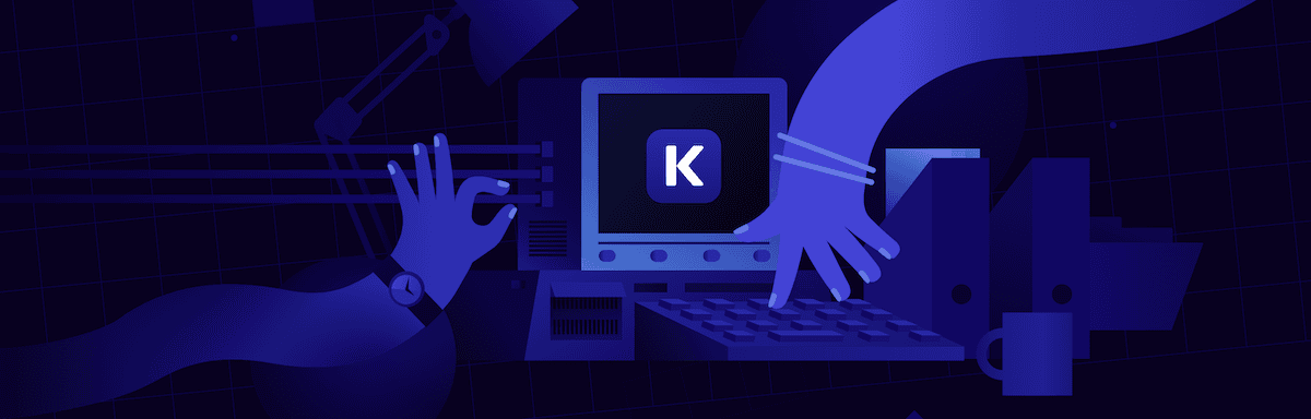 Een artistieke illustratie van het DevKinsta-logo. Het beeldt een persoon uit die achter een computer werkt in een donkere omgeving. De afbeelding maakt gebruik van blauwe en paarse tinten en toont handen die typen op een toetsenbord en apparatuur aanpassen. Een monitor toont een gestileerd K-logo.