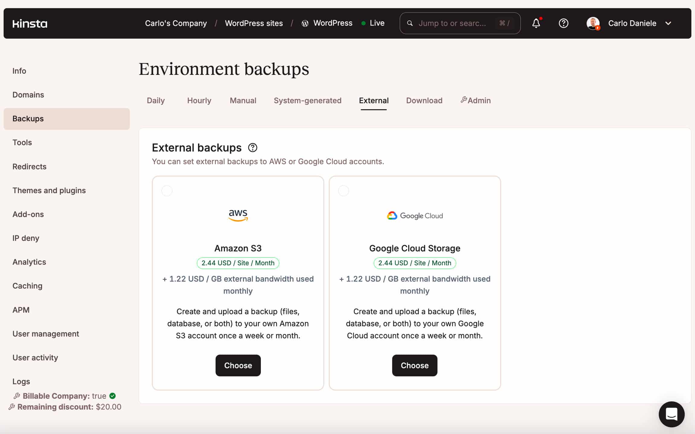 Backup esterni in MyKinsta
