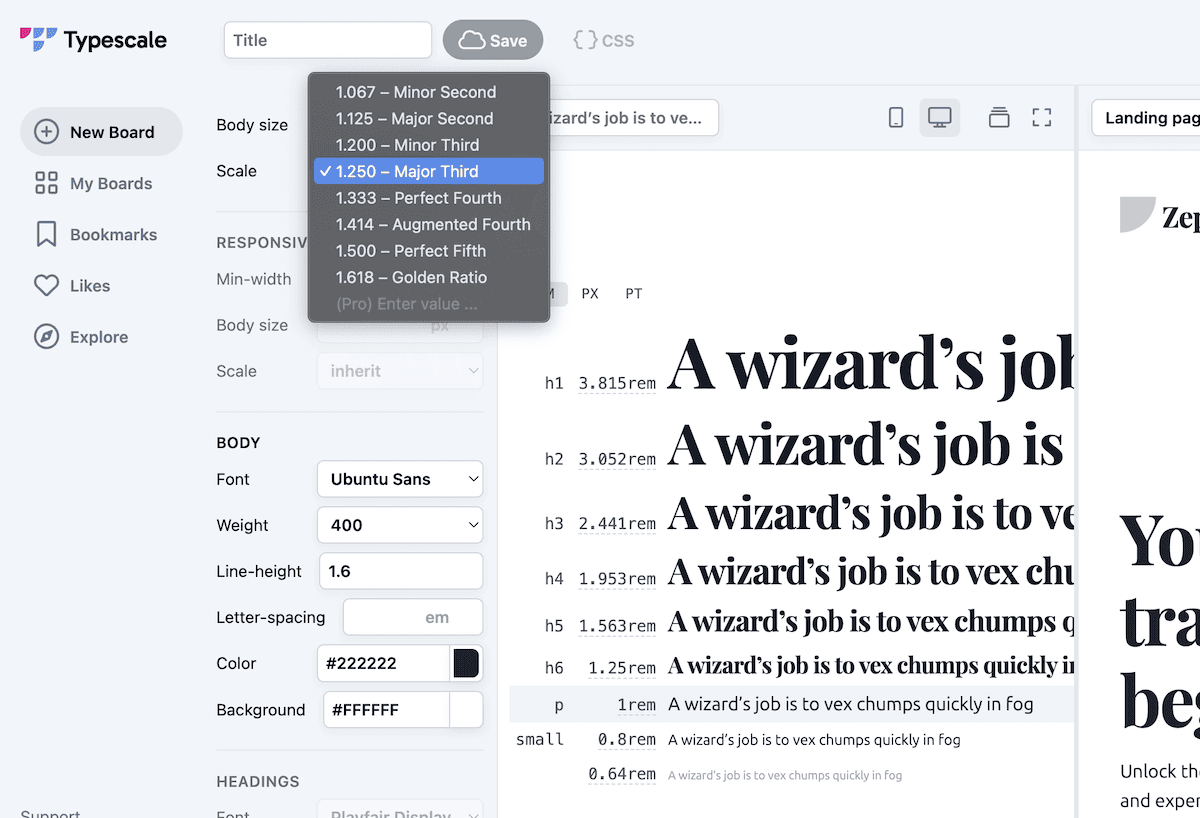 Een typografische schaalinterface van Typescale, die verschillende koptekstgroottes weergeeft voor “A wizard's job”. Het vervolgkeuzemenu van de schaal toont opties zoals Minor Second en Major Third, waarbij de laatste is geselecteerd. De lettertype-instellingen zijn onder andere Ubuntu Sans met een gewicht van 400.