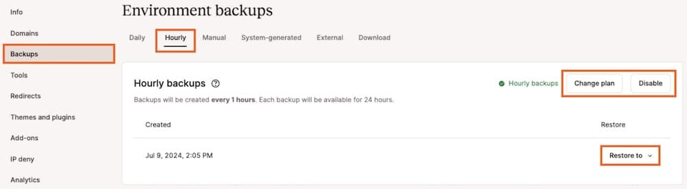 Screenshot des MyKinsta-Dialogs zum Aktivieren stündlicher Backups.