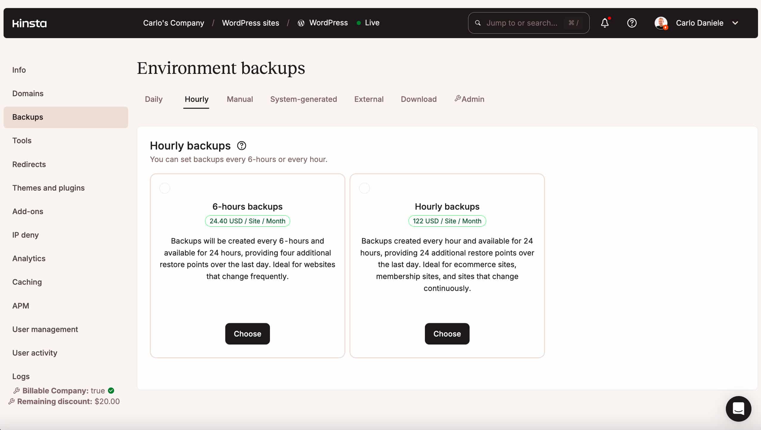 Backup orari in MyKinsta
