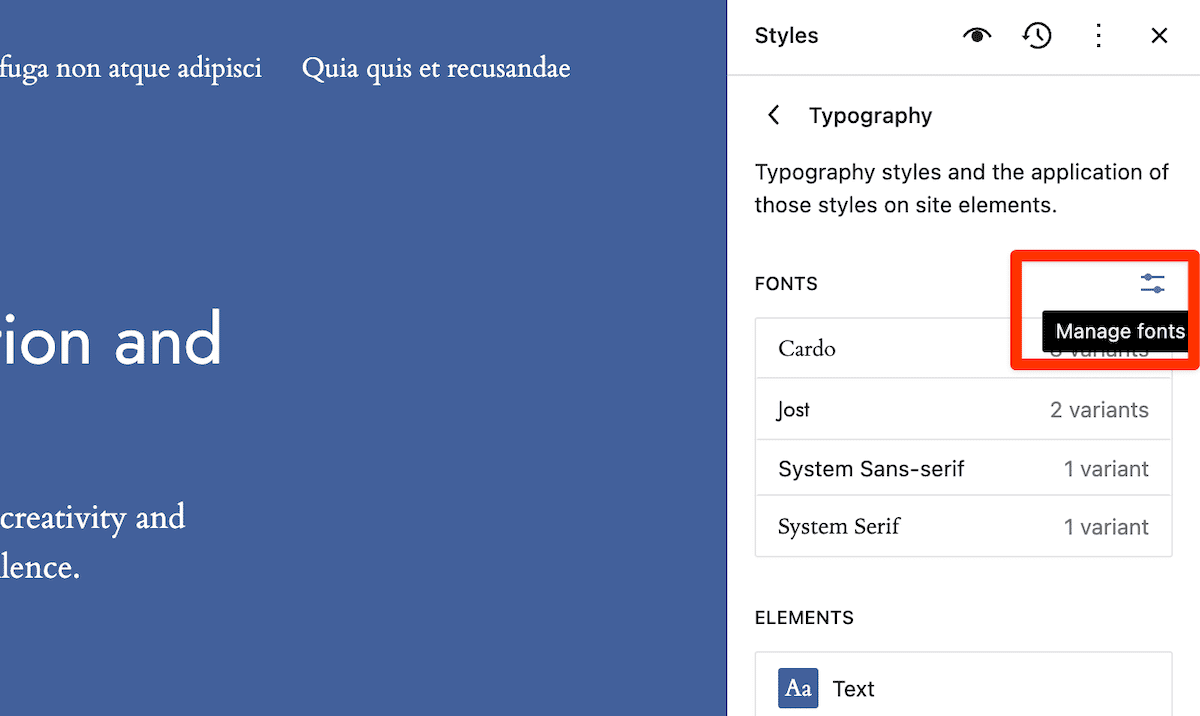Het paneel Typografie-instellingen in de Site-editor toont lettertype-opties, waaronder Cardo, Jost, Systeem Sans-serif en Systeem Serif. In de rechterbovenhoek staat een knop Lettertypen beheren. Het paneel wordt weergegeven naast een blauwe websiteachtergrond met Latijnse tekst, waarin de toegepaste typografiestijlen worden gedemonstreerd.