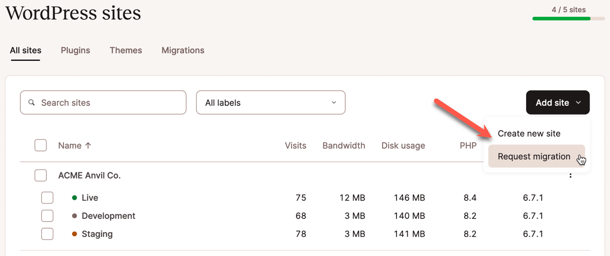 Solicitando uma migração durante o processo de Adicionar site no MyKinsta.