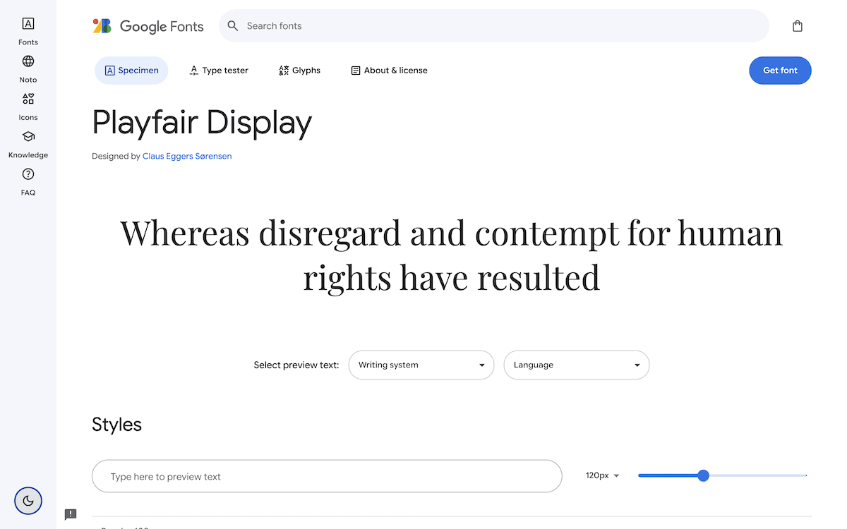 De Google Fonts website toont het voorbeeld van het Playfair Display lettertype. De voorbeeldtekst luidt: “Overwegende dat veronachtzaming en minachting voor mensenrechten hebben geresulteerd” in verschillende groottes. Opties voor specimen, type tester, glyphs, en over, en licentie worden getoond, samen met een Get font knop.