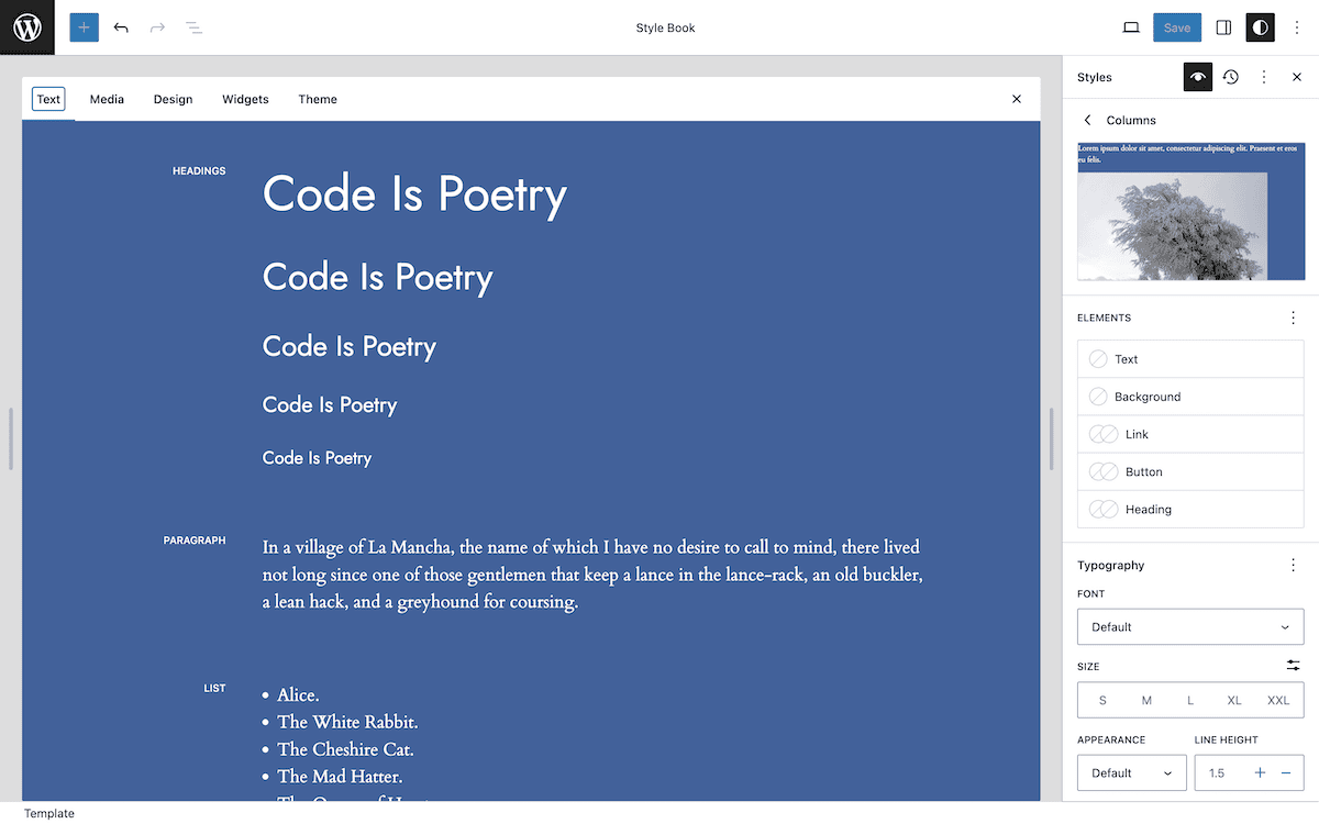 De WordPress Style Book editor interface toont een blauwe achtergrond met “Code Is Poetry” herhaald in verschillende lettergroottes als koppen. De rechter zijbalk toont stijlopties voor typografie en elementen.