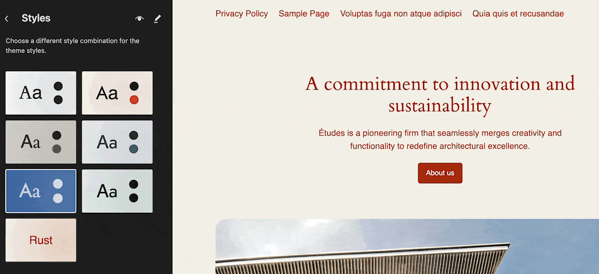 Een GIF van de WordPress Site Editor met verschillende voorinstellingen voor de stijl van het thema. Het hoofdgedeelte van de content toont “Een toewijding aan innovatie en duurzaamheid” met een beschrijving van het bedrijf Études. Het kleurenschema en de typografie veranderen op basis van de selecties in de linker zijbalk, die stijlopties en kleurenschema's toont.