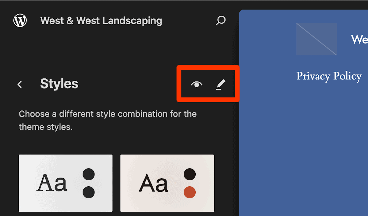 Een deel van de WordPress Site Editor met stijlopties aan de linkerkant en een voorbeeld van de website aan de rechterkant. Twee pictogrammen voor bekijken en bewerken zijn rood gemarkeerd.