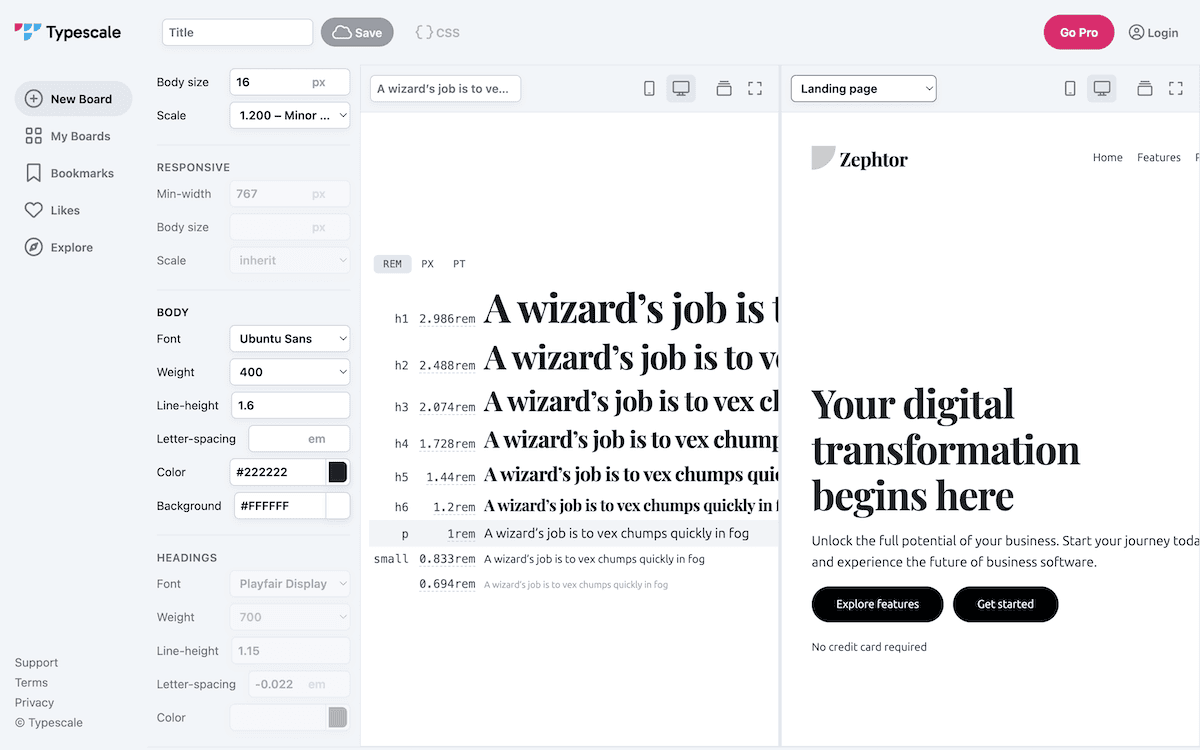 De interface van de Typescale webapp voor het aanpassen van typografie. Het linkerpaneel toont lettertype-instellingen, terwijl de rechterkant een voorbeeld toont van verschillende koppen en een voorbeeld van een landingspagina.