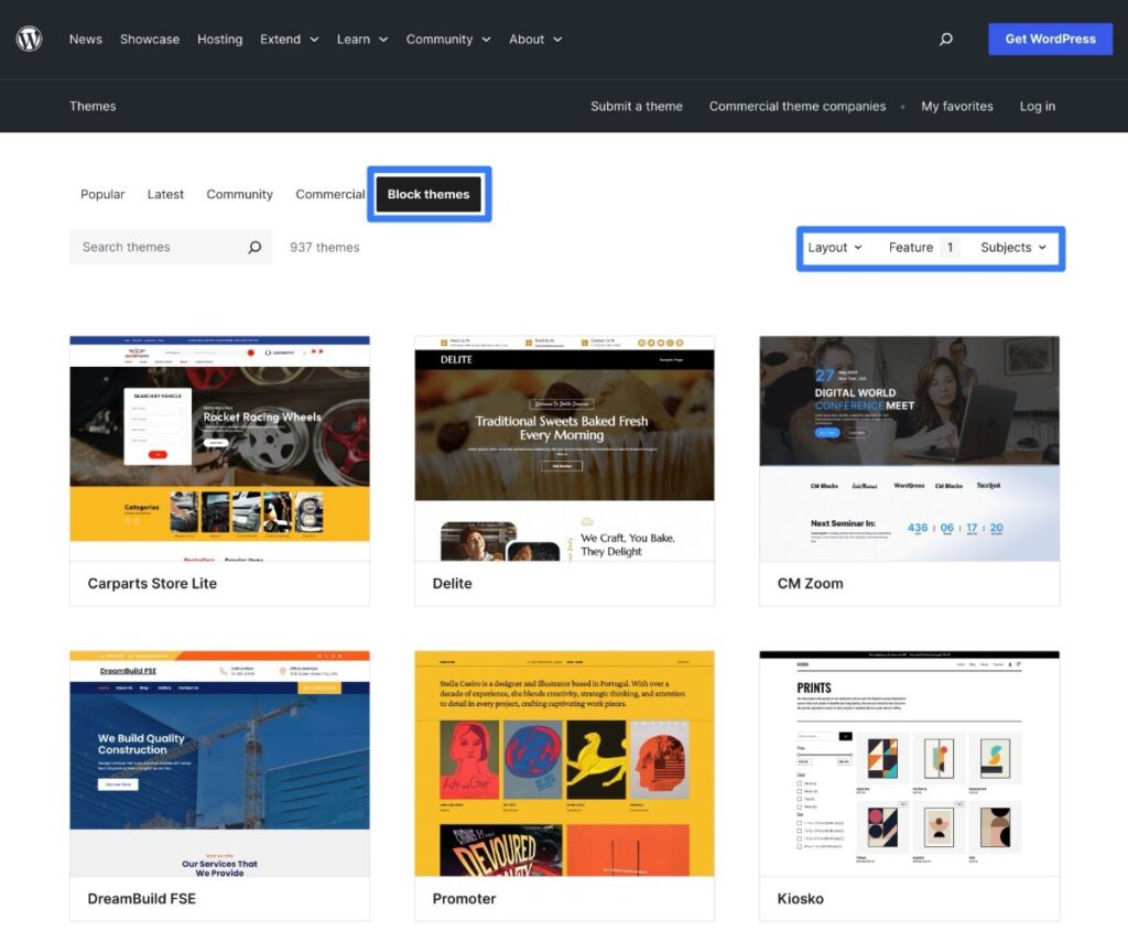 So findest du WordPress-Block-Themes im WordPress.org-Theme-Verzeichnis mithilfe des Block-Theme-Filters.