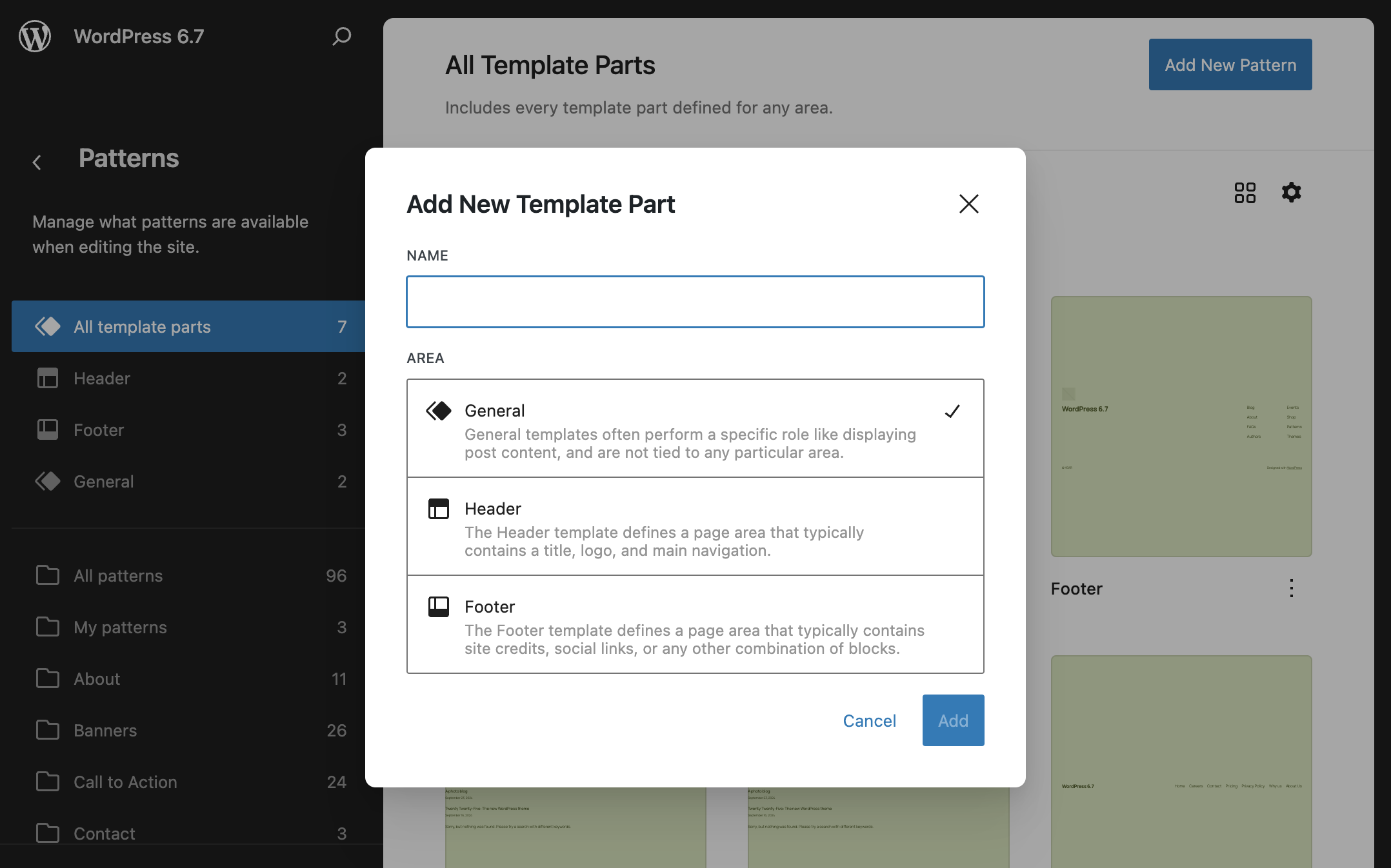 WordPress 6.7に新しいテンプレートパーツを追加