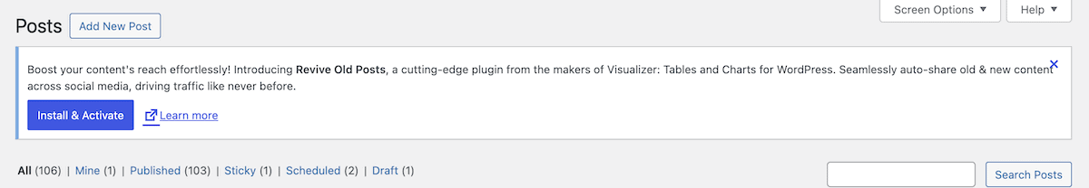 Uma parte do painel de controle do WordPress mostrando a seção artigos. Na parte superior, há um banner azul promovendo o plugin Revive Old Posts. Abaixo estão as abas que exibem as estatísticas dos artigos, incluindo 106 artigos no total, 103 publicados, um sticky, dois agendados e um artigo de rascunho.