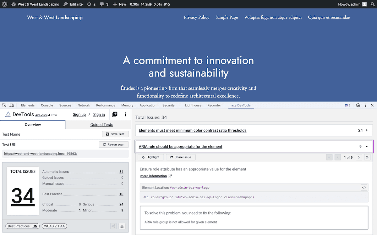 Uma captura de tela de um site WordPress mostrando os resultados de testes de acessibilidade nas DevTools do navegador. Abaixo da área principal de conteúdo, um relatório aponta 34 problemas de acessibilidade, incluindo 24 problemas de contraste de cores e nove problemas relacionados a funções ARIA.
