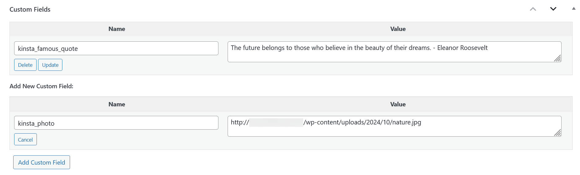 Valori dei campi personalizzati nell'editor dei blocchi di WordPress.