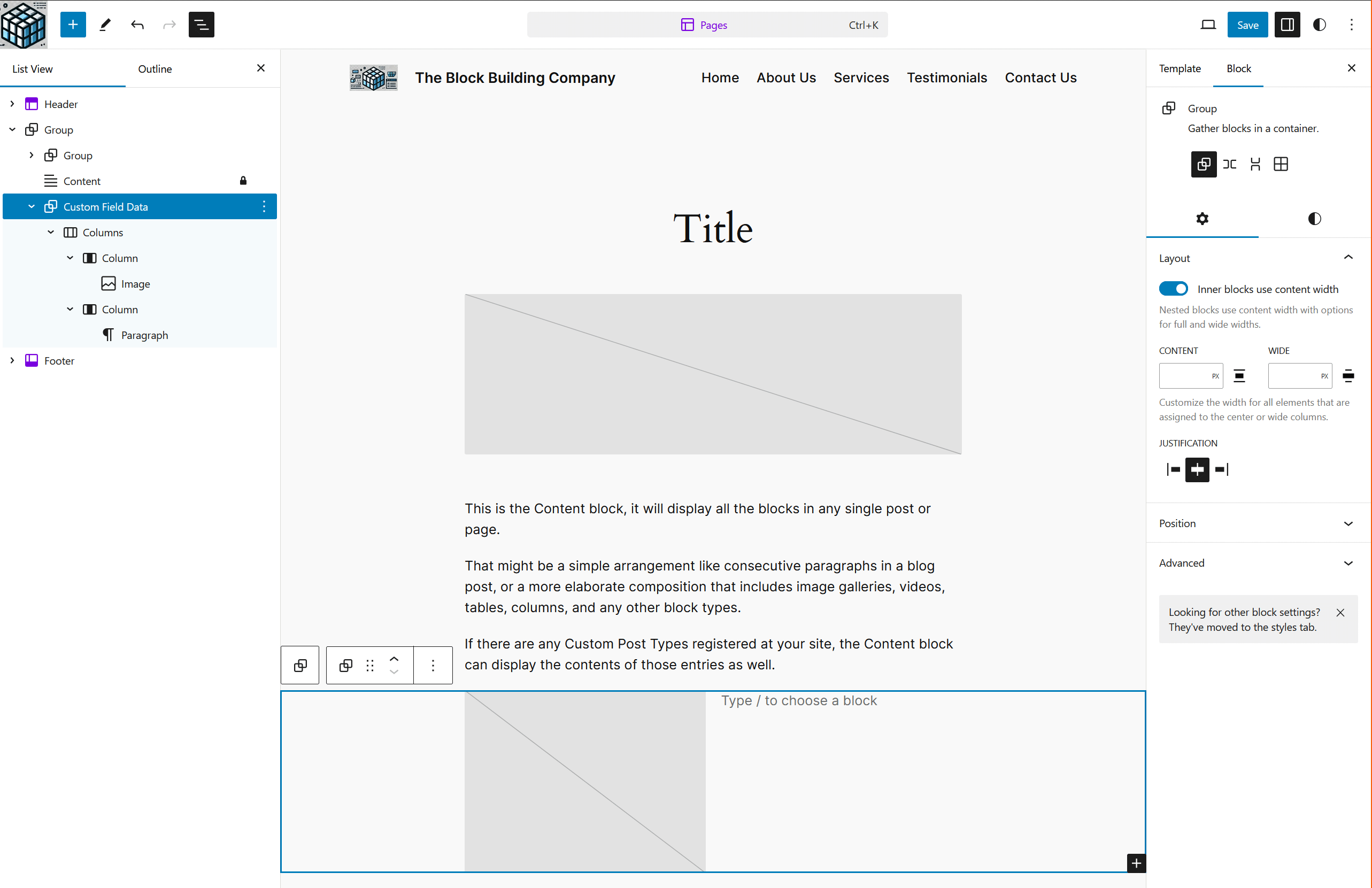 Modifica del template Pagine nell'Editor del sito WordPress