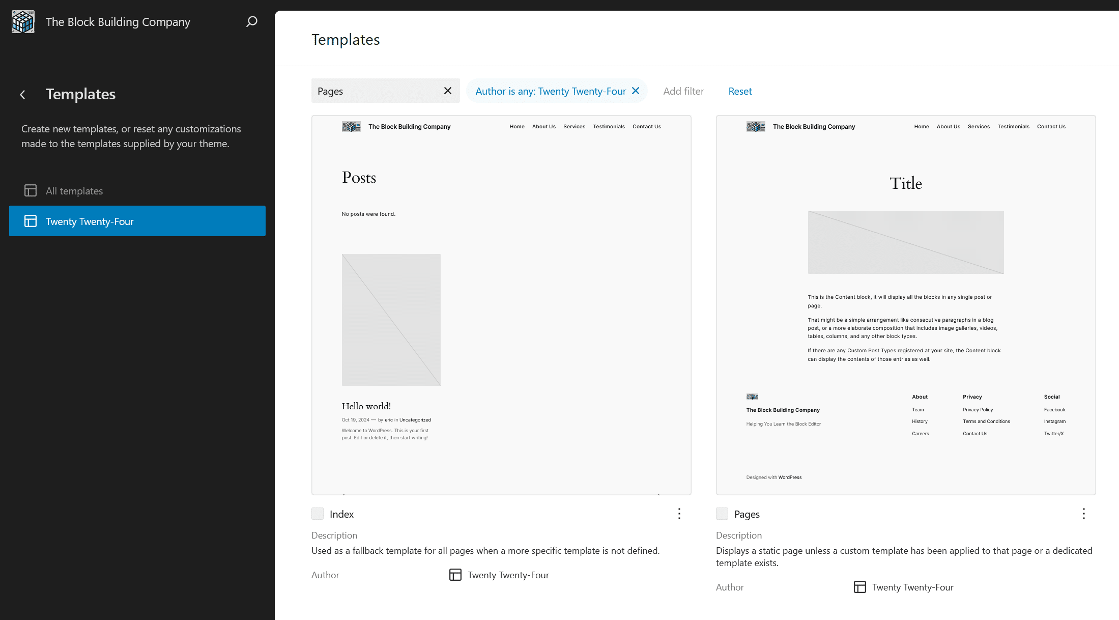 Il template Pagine nell'Editor del sito WordPress