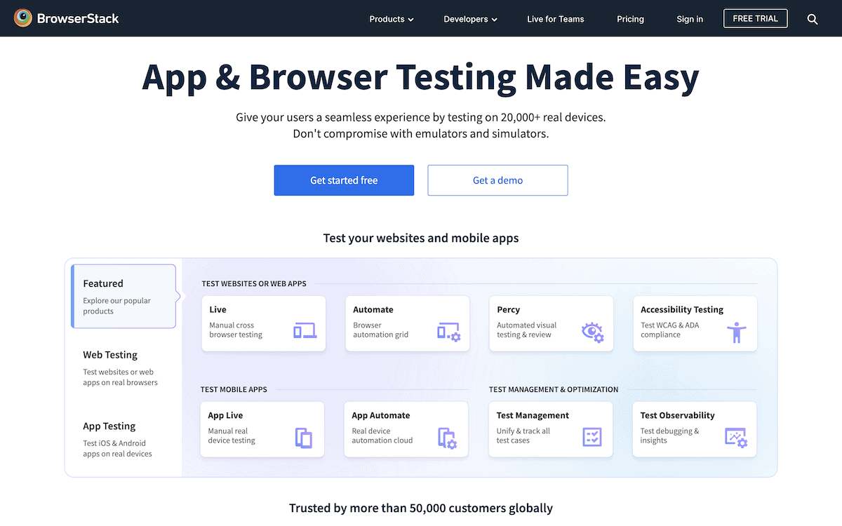 A página inicial do BrowserStack, uma plataforma de teste entre navegadores. O cabeçalho inclui links de navegação. O título principal diz
