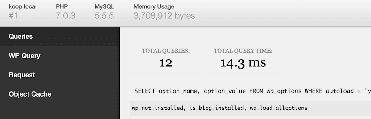 A imagem do cabeçalho do plugin Debug Bar no WordPress.org exibe um painel de depuração mostrando a versão do PHP (7.0.3), a versão do MySQL (5.5.5) e o uso de memória (3.708.912 bytes). O painel também exibe informações de consultas, com 12 consultas totais levando 14,3 ms para serem executadas. Uma consulta MySQL que seleciona da tabela wp_options também é visível.